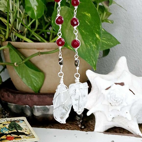 Large Clear Quartz Dowsing Pendulum, Divination Tools, Garnet 7.25" - Picture 2 of 5